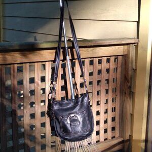 B Makowski Black Leather 70's Retro Style Bottle Top Crossbody Bag